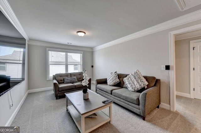 carpeted living room featuring ornamental molding