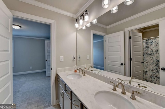 bathroom with crown molding, vanity, and a shower with shower curtain