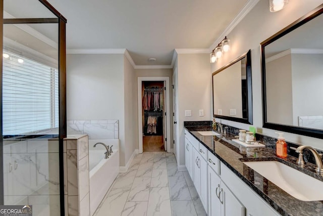 bathroom featuring vanity, a bathtub, and ornamental molding