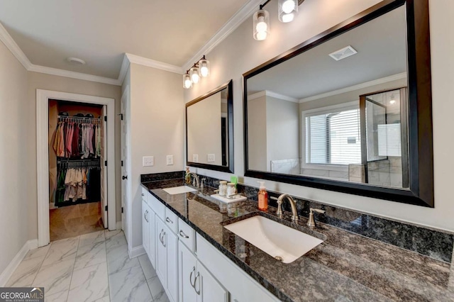 bathroom with walk in shower, ornamental molding, and vanity