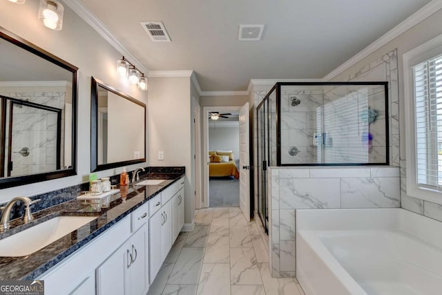 bathroom featuring a healthy amount of sunlight, ornamental molding, independent shower and bath, and vanity