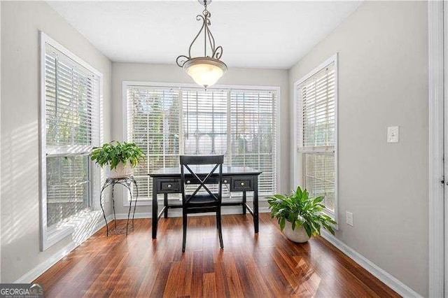 dining space featuring dark wood-type flooring and a wealth of natural light