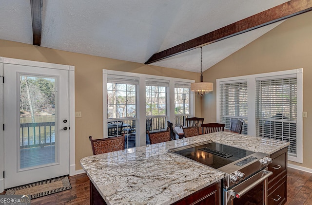 kitchen with dark wood-style floors, pendant lighting, vaulted ceiling with beams, stainless steel range with electric cooktop, and a kitchen island