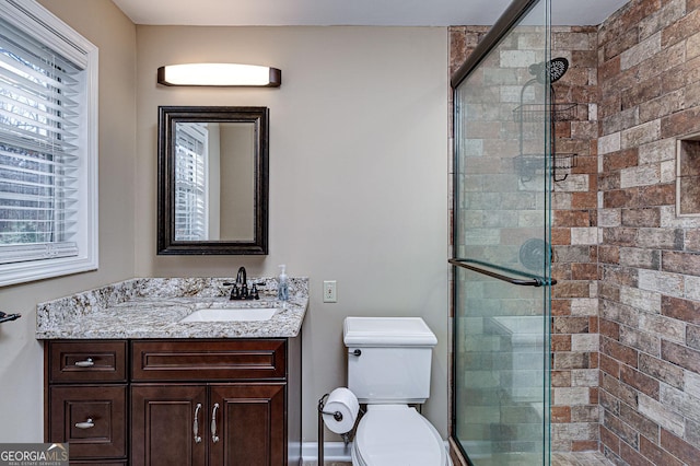 bathroom featuring a shower stall, toilet, and vanity