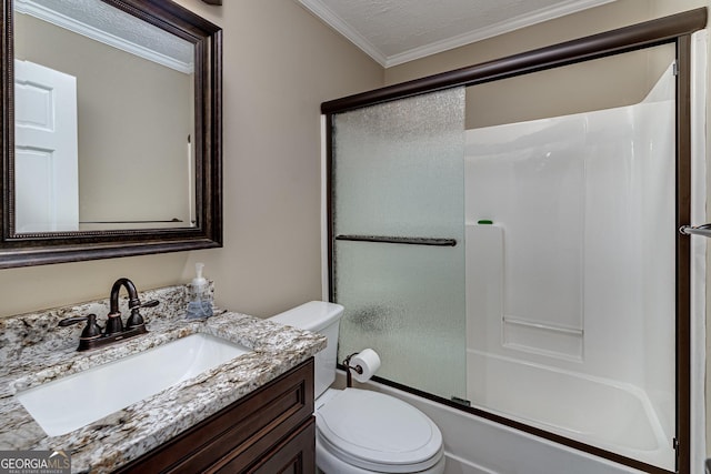 full bath with enclosed tub / shower combo, a textured ceiling, toilet, vanity, and ornamental molding