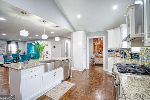 kitchen featuring a sink, white cabinets, vaulted ceiling, appliances with stainless steel finishes, and dark wood finished floors