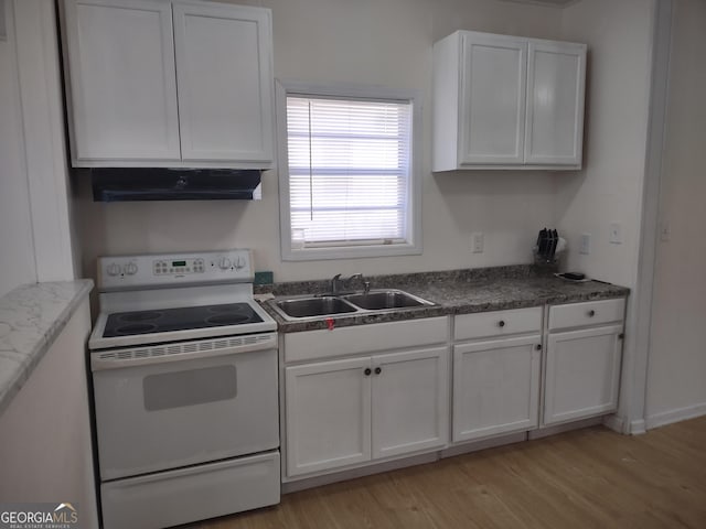 kitchen featuring white electric range, sink, white cabinetry, light wood-type flooring, and exhaust hood