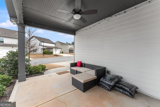 view of patio with ceiling fan and outdoor lounge area