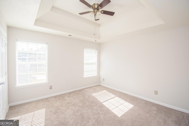 carpeted spare room featuring a raised ceiling, a healthy amount of sunlight, and ceiling fan