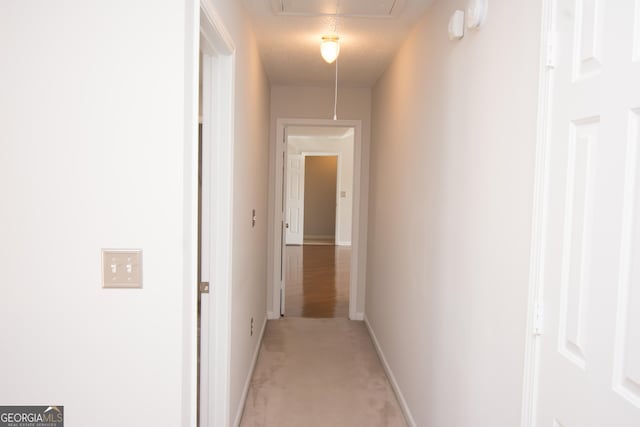 hallway featuring light colored carpet