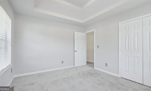 carpeted empty room featuring a healthy amount of sunlight and a tray ceiling