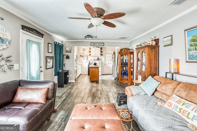 living area with ceiling fan, wood finished floors, visible vents, and crown molding