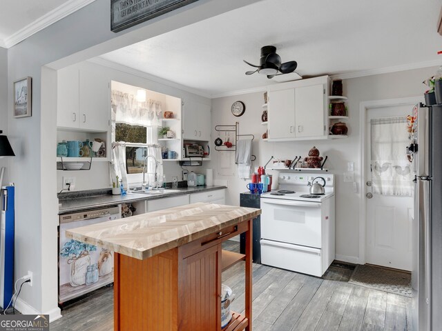 kitchen with white electric range, white cabinetry, stainless steel refrigerator, ornamental molding, and dishwashing machine