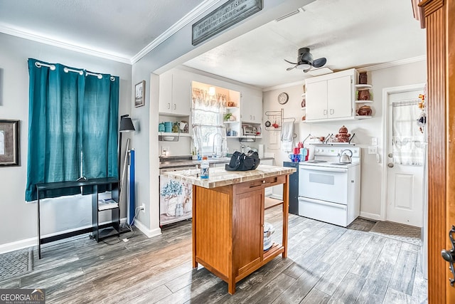 kitchen with open shelves, ornamental molding, wood finished floors, and white electric range