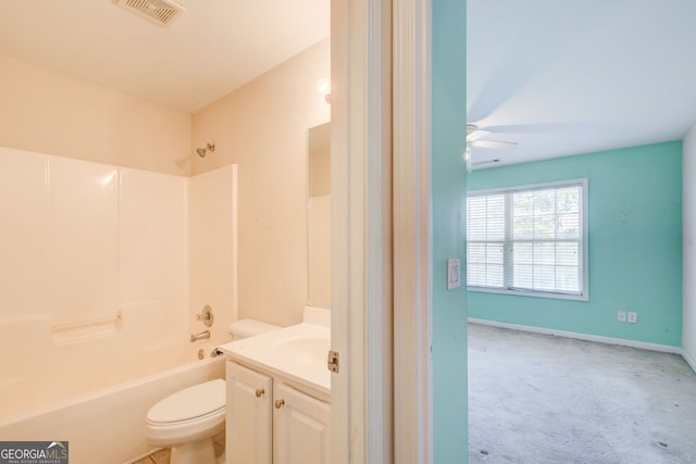 bathroom with visible vents, toilet, shower / bath combination, ceiling fan, and vanity