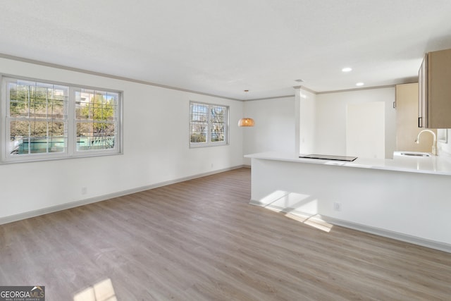 unfurnished living room with crown molding, sink, and light wood-type flooring