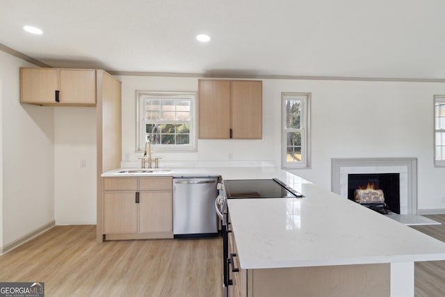 kitchen featuring sink, stainless steel appliances, crown molding, light stone countertops, and light hardwood / wood-style flooring