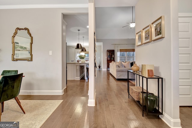 interior space with crown molding, ceiling fan, and wood-type flooring