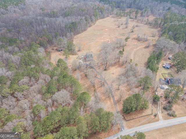 bird's eye view with a wooded view