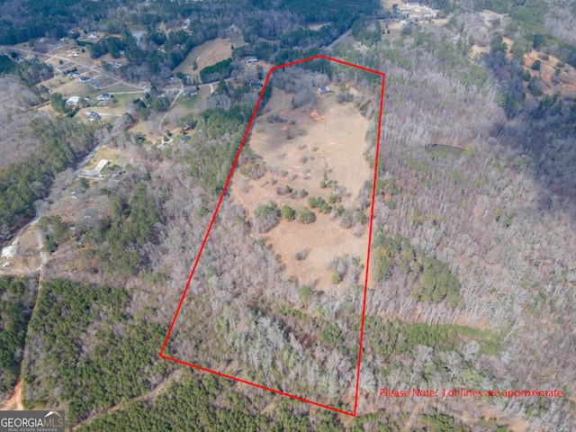 birds eye view of property featuring a wooded view