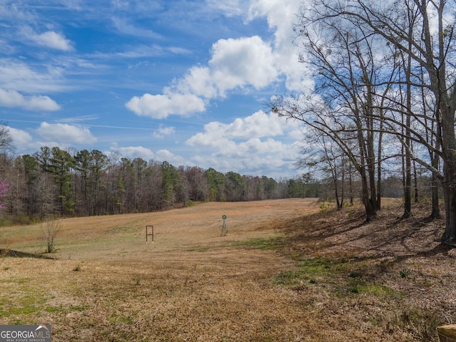 view of yard featuring a forest view