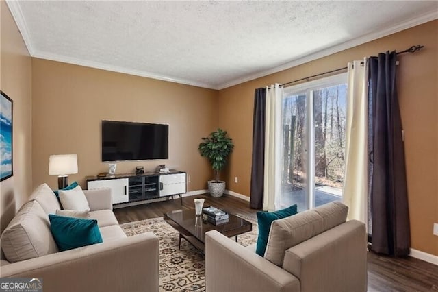 living room with dark hardwood / wood-style flooring, a textured ceiling, and a wealth of natural light