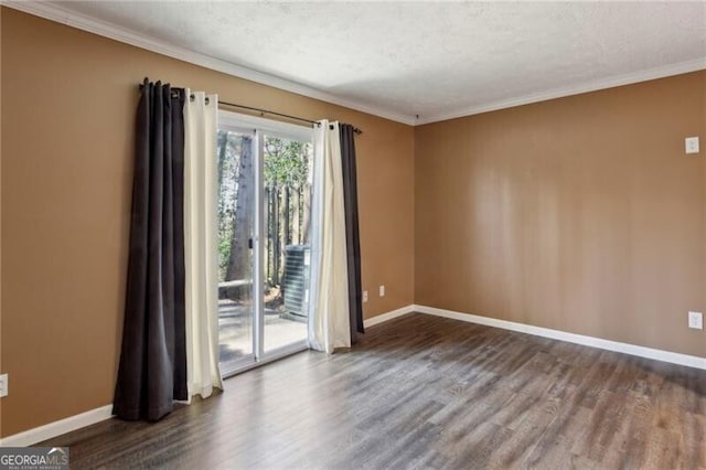 unfurnished room featuring crown molding, wood-type flooring, and a textured ceiling