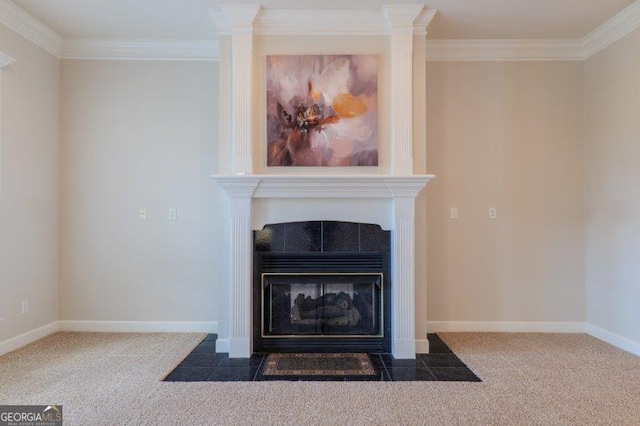 room details featuring carpet flooring, ornamental molding, and a fireplace