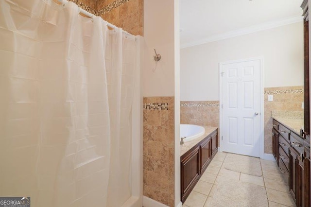 bathroom featuring independent shower and bath, tile walls, tile patterned flooring, ornamental molding, and vanity