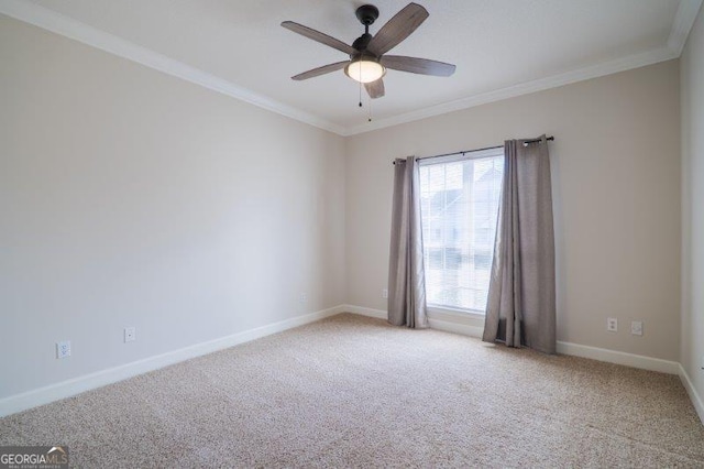 empty room with ceiling fan, ornamental molding, and light carpet