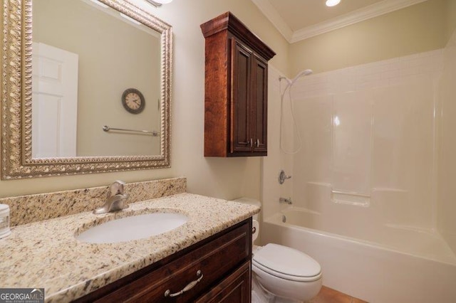 full bathroom featuring crown molding, shower / tub combination, vanity, and toilet