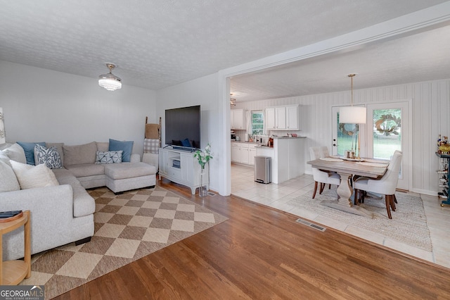 living room featuring a healthy amount of sunlight, a textured ceiling, and light wood-type flooring