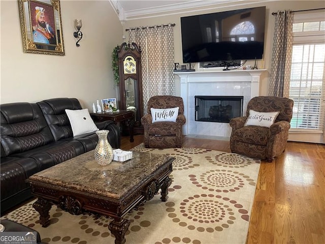 living room featuring crown molding, wood-type flooring, and a premium fireplace