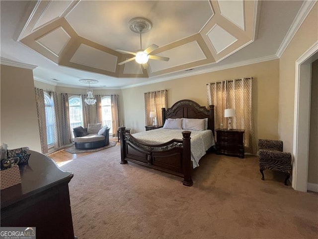 carpeted bedroom featuring ceiling fan and ornamental molding