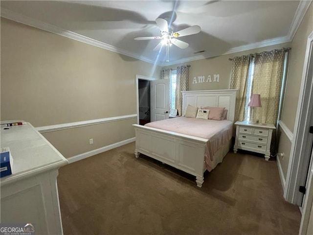 carpeted bedroom featuring crown molding and ceiling fan