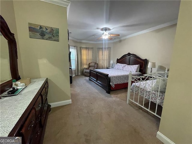 bedroom featuring crown molding, light colored carpet, and ceiling fan