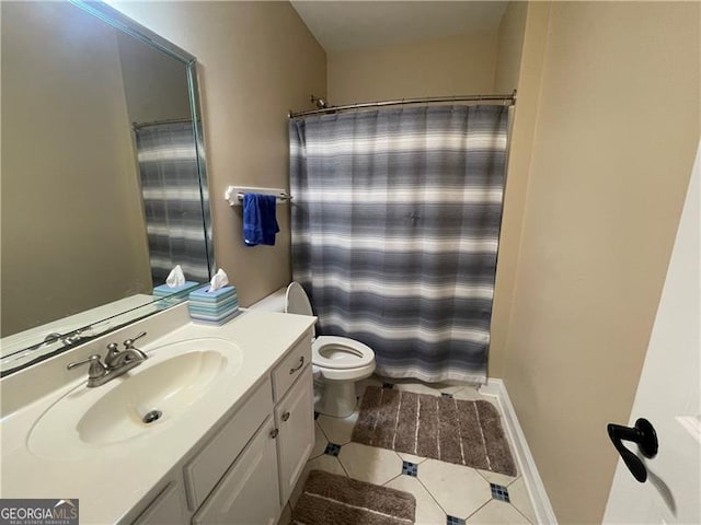 bathroom featuring a shower with curtain, tile patterned floors, vanity, and toilet