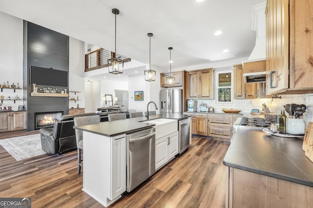 kitchen with a kitchen island with sink, sink, stainless steel appliances, and dark hardwood / wood-style floors