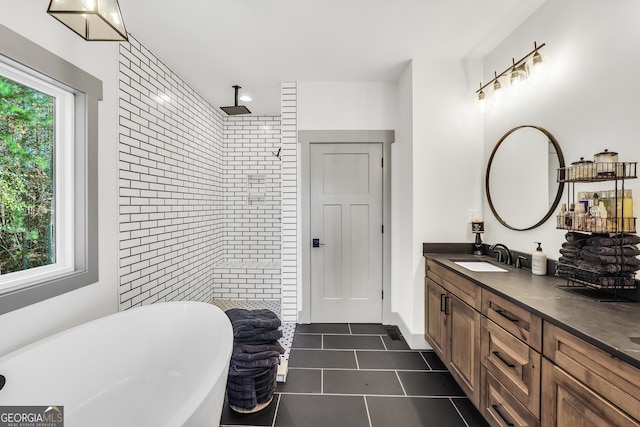 bathroom with vanity, separate shower and tub, and tile patterned floors