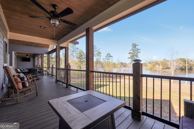 wooden terrace featuring a water view, a yard, and ceiling fan