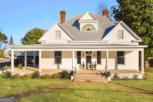 country-style home with a front yard and covered porch