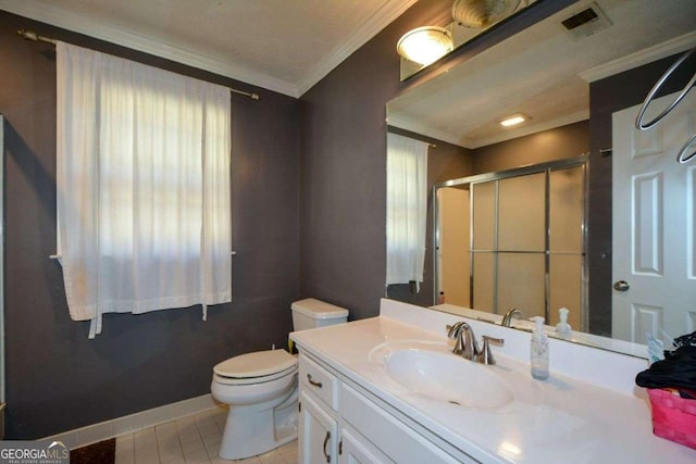 bathroom featuring walk in shower, toilet, ornamental molding, vanity, and tile patterned flooring