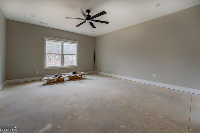 unfurnished room featuring visible vents, baseboards, concrete flooring, and a ceiling fan