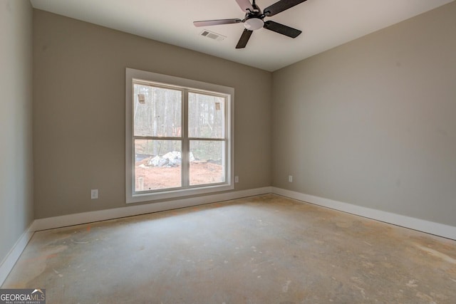 spare room with visible vents, baseboards, concrete floors, and a ceiling fan