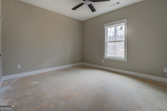 empty room featuring visible vents, baseboards, concrete floors, and ceiling fan