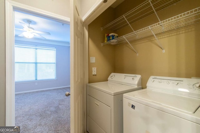 laundry area featuring washer and clothes dryer, carpet floors, and ceiling fan