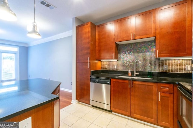 kitchen with electric range oven, sink, backsplash, stainless steel dishwasher, and crown molding