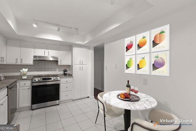 kitchen with tasteful backsplash, white cabinetry, dishwasher, a raised ceiling, and electric stove