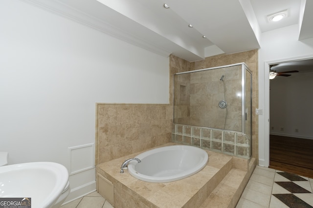 bathroom featuring separate shower and tub and tile patterned floors