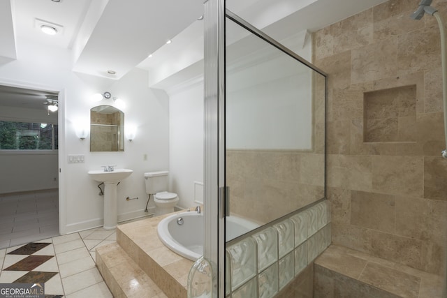 full bathroom with sink, toilet, tile patterned flooring, and shower with separate bathtub